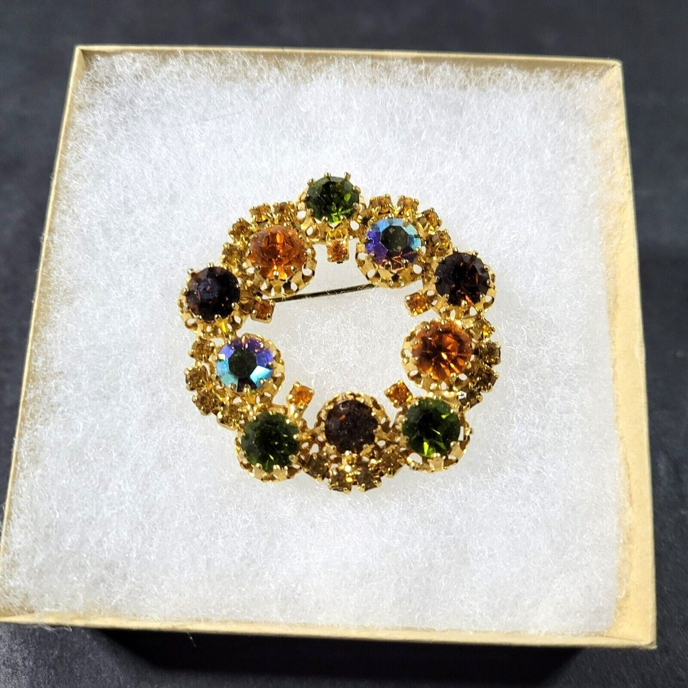 Vintage STAR Gold Tone Glass Rhinestone Circle Brooch Austria Amber Blue Green